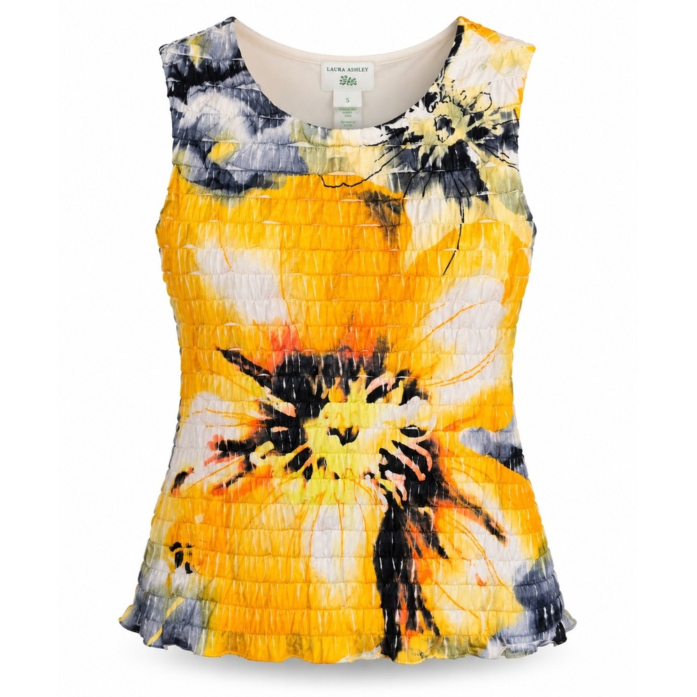 Laura Ashley Petite PS Yellow Grey Floral Ruffle Tiered Sleeveless Blouse Top